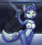  absurd_res accessory anthro areola blue_hair breasts canid canine female fox green_eyes gun hair hair_accessory hairgrape handgun hi_res krystal mammal markings nintendo nipples nude ranged_weapon signature smile solo space star_fox tailband tribal_markings video_games watermark weapon window 