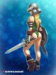  1girl alatar_(bluewizardart) alexandrian_soldier armband armor ass blonde_hair breastplate breasts brown_footwear commentary english_commentary final_fantasy final_fantasy_ix flat_ass from_behind full_body gauntlets green_leotard helmet holding holding_shield holding_sword holding_weapon kneepits leotard lips long_hair medium_breasts nose patreon_username ribbed_leotard shield solo standing straight_hair sword thong_leotard toned weapon 