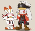  blush_stickers boots brown_eyes brown_footwear closed_mouth clothed_pokemon gen_8_pokemon hat hinako_iroiro looking_at_viewer one_eye_closed pirate_costume pirate_hat pokemon pokemon_(creature) raboot sash scorbunny smile standing symbol_commentary toes vest 