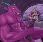  abs ahundred anthro biceps canid canine canis colored_nails coyote dragon hi_res holding_character macro male male/male mammal micro micro_in_hand micro_on_macro muscular nails purple_body size_difference teeth yellow_eyes 