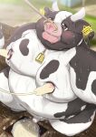  2021 anthro balls belly black_body blush bodily_fluids bovid bovine cattle detailed_background genitals hi_res machine male mammal milking_machine moobs nipples outside overweight overweight_anthro overweight_male penis rodemaru small_penis solo sweat white_body 