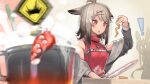  ! 0_0 2girls :o amiya_(arknights) animal_ears arknights arm_up bangs bare_shoulders blush brown_hair bunny_ears cooking cutter_(arknights) cutting_board eyebrows_visible_through_hair food fox_ears fox_tail gradient_hair grey_jacket hair_ornament hairclip hellnyaa highres holding holding_food holding_knife jacket jewelry knife long_sleeves multicolored_hair multiple_girls necklace open_clothes open_jacket open_mouth pot red_eyes red_shirt shirt solo_focus spring_(season) surprised tail tentacles upper_body x_hair_ornament 