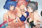  3girls :o animal_ears armpits bangs bikini black_bikini black_choker blue_bow blue_hair blush bouncing_breasts bow breast_conscious breast_hold breasts choker closed_eyes collarbone covered_nipples diagonal_bangs front-tie_bikini front-tie_top green_eyes grey_eyes grey_hair grin hairband iga-ryuu_ninja_ponpoko jewelry large_breasts layered_bikini leaf leaf_on_head long_hair looking_at_viewer looking_down mapyuhin_za_puremiyamu multiple_girls navel necklace omega_rei omega_rio omega_sisters omega_symbol pink_bikini pink_hair ponpoko_(iga-ryuu_ninja_ponpoko) raccoon_ears raccoon_girl raccoon_tail red_hairband short_hair side-tie_bikini small_breasts smile swimsuit tail twintails very_long_hair virtual_youtuber wet 