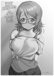  1girl arms_behind_back artist_name bangs bare_shoulders blush border breasts character_name closed_mouth collarbone commentary_request crop_top dated english_commentary eyebrows_visible_through_hair glasses gradient gradient_background grey_background greyscale hair_ornament hairclip happy_birthday heart highres koizumi_hanayo looking_at_viewer love_live! love_live!_school_idol_project medium_breasts medium_hair mixed-language_commentary monochrome off-shoulder_shirt off_shoulder pants shiny shiny_hair shirt short_sleeves signature smile solo standing swept_bangs tank_top tied_shirt unsfrau upper_body white_background white_border x_hair_ornament 
