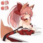  2girls :3 ? ^^^ ahoge animal_ears bangs bell blush bow breasts chibi chibi_inset cleavage closed_mouth collar collarbone detached_sleeves eyebrows_visible_through_hair fate/grand_order fate_(series) finger_between_breasts finger_in_another&#039;s_mouth fox_ears fox_girl fox_tail fujimaru_ritsuka_(female) gloves hair_between_eyes hair_bow highres japanese_clothes jingle_bell kimono large_breasts long_sleeves multiple_girls muryotaro orange_eyes orange_hair paw_gloves paws pink_hair ponytail red_bow red_kimono simple_background smile strapless sweat table tail tamamo_(fate)_(all) tamamo_cat_(fate) translation_request v-shaped_eyebrows white_background yawning yuri 