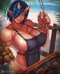  2020 apron apron_only asian_mythology beach big_breasts blue_hair breasts clothing cooking deltoids demon east_asian_mythology elf-san_wa_yaserarenai. ezzyecchi fangs female food grill hair hi_res horn humanoid humanoid_pointy_ears japanese_mythology kebab meat mostly_nude muscular muscular_female muscular_humanoid mythology not_furry oga-san oni sausage sea seaside shish_kebab solo suntan tan_line water yōkai 