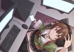  .live 1girl absurdres brown_hair cellphone chair collarbone commentary_request computer eyebrows_visible_through_hair headband headphones highres keyboard long_hair looking_at_viewer monitor mouse_(computer) phone red_eyes sakuria school_uniform solo virtual_youtuber yaezawa_natori 