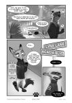  absurd_res anthro barefoot canid canine cellphone clothed clothing comic dialogue dipstick_ears disney english_text felid fox fully_clothed fur greyscale hi_res holding_cellphone holding_object holding_phone male mammal monochrome multicolored_ears nick_wilde phone porcupine qalcove red_fox rodent speech_bubble sweater text topwear walking zootopia 