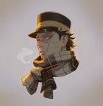  1boy black_hair breath expressionless glowing glowing_eyes golden_kamuy hat imperial_japanese_army kepi looking_to_the_side male_focus military_hat purple_eyeshadow scar scar_on_cheek scar_on_face scar_on_nose scarf short_hair simple_background solo spiked_hair sugimoto_saichi sunlight w55674570w yellow_eyes yellow_scarf 