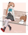  1girl 1other akigumo_(kantai_collection) bench blue_neckwear bokukawauso bow bowtie brown_hair green_eyes grey_legwear hair_ribbon kantai_collection long_hair long_sleeves masara_(chuujou) mascot mole mole_under_eye otter park_bench ponytail remodel_(kantai_collection) ribbon school_uniform sitting thighhighs 