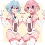  2girls absurdres bare_shoulders blue_eyes blue_hair blush elbow_gloves gloves haruna_endp7427 heart highres long_hair looking_at_viewer multiple_girls neptune_(series) open_mouth pink_hair power_symbol siblings sisters smile symbol-shaped_pupils twins twitter_username white_sister_ram white_sister_rom 
