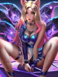  1girl ahri animal_ears asymmetrical_bangs bangs black_panties blonde_hair blue_eyes breasts choker cleavage crystal_tail fingerless_gloves forehead fox_ears gloves hair_ornament highres k/da_(league_of_legends) large_breasts league_of_legends liang_xing licking_lips lips long_hair looking_at_viewer makeup multiple_tails panties single_fingerless_glove single_sleeve sitting solo tail the_baddest_ahri thigh_strap tongue tongue_out underwear watermark web_address whisker_markings 