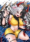  1girl :d absurdres animal_ears animal_print bare_shoulders black_hair breasts commentary_request cow_ears cow_horns cow_print crop_top hand_up haori highres horns japanese_clothes large_breasts looking_at_viewer midriff multicolored_hair nail_polish open_mouth red_eyes red_nails rihito_(usazukin) short_hair short_shorts shorts silver_hair smile solo stomach thigh_strap thighs touhou two-tone_hair ushizaki_urumi wristband yellow_shorts 