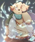  10_cosmo_24 2021 anthro blood bodily_fluids bottomwear canid canine canis clothing crying cu_sith_(tas) domestic_dog hi_res hoodie kemono male mammal pants scar scarf solo tears tokyo_afterschool_summoners topwear video_games 