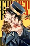  1boy black_hair blue_jacket bodypaint buttons claw_pose close-up collared_jacket golden_kamuy hat head_tilt imperial_japanese_army jacket kepi male_focus military military_hat military_uniform scar scar_on_cheek scar_on_face scar_on_nose scarf short_hair simple_background smile solo spiked_hair sugimoto_saichi uniform upper_body w55674570w yellow_scarf 