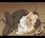  2boys black_eyes black_hair blue_jacket boy_on_top collared_jacket facial_hair full_body golden_kamuy hair_slicked_back hair_strand hat imperial_japanese_army imperial_japanese_navy jacket kepi kiss male_focus military_hat multiple_boys ogata_hyakunosuke open_clothes open_mouth open_shirt pectorals scar scar_on_cheek scar_on_chest scar_on_face scar_on_nose shirt short_hair simple_background smile spiked_hair spread_legs stubble sugimoto_saichi toned toned_male undercut undressing w55674570w white_shirt yaoi 
