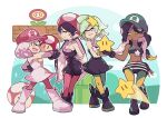  4girls callie_(splatoon) cephalopod_eyes crop_top dark_skin dark_skinned_female fangs fire_flower hat marie_(splatoon) marina_(splatoon) mario_(series) midriff mole mole_under_mouth multiple_girls navel pantyhose pearl_(splatoon) power-up short_shorts shorts smile splatoon_(series) splatoon_1 splatoon_2 star_(symbol) starman_(mario) suction_cups super_mario_bros. super_mushroom tentacle_hair wong_ying_chee zipper_pull_tab 