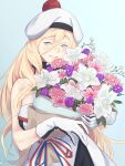  1girl beret blonde_hair blue_eyes blush flower gloves hair_between_eyes hat highres kantai_collection long_hair multicolored multicolored_clothes multicolored_gloves open_mouth pink_flower pom_pom_(clothes) purple_flower richelieu_(kantai_collection) shingyou_(alexander-13) smile solo upper_body white_flower white_headwear 