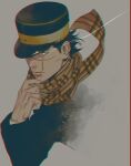  1boy black_hair colored_sclera cropped_torso expressionless from_above glowing glowing_eye golden_kamuy hat highres imperial_japanese_army kepi looking_to_the_side male_focus military_hat muted_color scar scar_on_cheek scar_on_face scar_on_nose short_hair simple_background solo spiked_hair sugimoto_saichi w55674570w yellow_eyes yellow_sclera 
