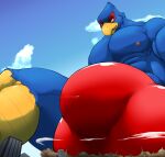  absurd_res aircraft airplane anthro avian bird blue_body bulge city clothing croiyan destruction falco_lombardi hi_res low-angle_view macro male nintendo sitting solo speedo star_fox swimwear video_games 