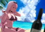  1girl alcohol arm_up ayumu_(ayumu3659) bangs bare_arms bare_shoulders beach bikini black_bikini black_choker black_ribbon blue_sky blurry blurry_foreground bottle breasts choker cleavage closed_mouth cloud collarbone crown cup day depth_of_field drinking_glass eyebrows_visible_through_hair from_side front-tie_bikini front-tie_top hand_in_hair holding holding_cup hololive hololive_english horizon large_breasts looking_at_viewer looking_to_the_side mori_calliope navel ocean outdoors pink_hair red_eyes ribbon side-tie_bikini sideways_glance sitting sky solo starfish stomach swimsuit thigh_strap tiara underboob veil water wine wine_bottle wine_glass 
