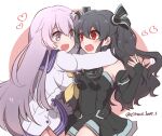  2girls black_dress black_gloves black_hair d-pad d-pad_hair_ornament dress elbow_gloves fingerless_gloves gloves hair_ornament hair_ribbon happy haruna_endp7427 highres hug long_hair looking_at_another multiple_girls nepgear neptune_(series) open_mouth purple_hair red_eyes ribbon sailor_dress sleeveless smile twitter_username two_side_up uni_(neptune_series) yuri 