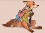  2021 absurd_res anthro bottomwear canid canine clothed clothing dipstick_ears disney duo female fox fully_clothed fur gloves_(marking) green_eyes grey_body grey_fur hi_res judy_hopps lagomorph leg_markings leporid male mammal markings multicolored_ears necktie nick_wilde orange_body orange_fur pants purple_eyes rabbit red_fox shirt shorts simple_background sitting smile socks_(marking) standing topwear yshanii zootopia 