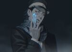  1boy black_eyes black_hair blue_blood buttons finger_licking golden_kamuy hat imperial_japanese_army kepi licking looking_at_viewer male_focus military_hat scar scar_on_cheek scar_on_face scar_on_nose scarf short_hair simple_background solo spiked_hair spot_color sugimoto_saichi upper_body veins w55674570w 