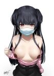  1girl arm_at_side bare_shoulders black_hair black_skirt blush breasts breasts_apart breasts_outside chaciooh collarbone covered_mouth eyebrows_visible_through_hair highres idolmaster idolmaster_shiny_colors long_hair long_sleeves looking_at_viewer mask mayuzumi_fuyuko medium_breasts mouth_mask no_bra open_clothes open_shirt pasties pink_shirt red_eyes shirt shirt_pull signature simple_background skirt solo straight_hair surgical_mask two_side_up white_background 