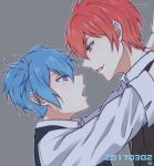  2boys akabane_karma ansatsu_kyoushitsu black_jacket black_vest blue_eyes blue_hair commentary_request dated eye_contact face-to-face from_side grey_background grin hair_between_eyes height_difference jacket long_sleeves looking_at_another male_focus meipoi multiple_boys open_mouth profile red_eyes red_hair shiota_nagisa shirt short_hair simple_background smile upper_body vest white_shirt yaoi 