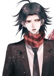  1boy ahoge bangs black_hair black_jacket brown_eyes collared_shirt commentary_request danganronpa/zero danganronpa_(series) formal jacket looking_to_the_side lower_teeth male_focus matsuda_yasuke necktie open_clothes open_mouth parted_bangs red_scarf sakuyu scarf shirt short_hair sideways_glance simple_background solo upper_body white_background white_shirt 