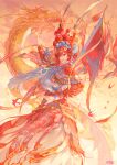  1girl arm_up atdan bird capelet chinese_clothes chiyu_(synthesizer_v) cloud dragon dress eastern_dragon feathers fire flag flower hair_feathers hair_flower hair_ornament headpiece highres long_sleeves looking_at_viewer open_mouth red_dress red_eyes red_hair red_theme short_hair_with_long_locks signature smile solo swallow synthesizer_v tassel 