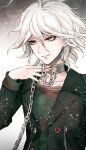  1boy ahoge bangs black_jacket brown_shirt chain chained closed_mouth collar collarbone commentary_request danganronpa_(series) danganronpa_another_episode:_ultra_despair_girls gradient gradient_background green_eyes grey_hair hair_between_eyes jacket komaeda_nagito long_sleeves looking_to_the_side male_focus messy_hair metal_collar open_clothes open_jacket red_shirt sakuyu shirt smile solo upper_body 