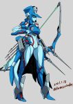  1girl arrow_(projectile) autobot blue_eyes bow_(weapon) breasts chromia dated from_side grey_background holding holding_arrow holding_bow_(weapon) holding_weapon kamizono_(spookyhouse) looking_to_the_side mecha medium_breasts no_humans science_fiction solo transformers weapon 