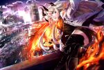  1girl absurdres arknights boots building city dragon_horns dragon_tail fiery_tail fiery_wings highres horns huge_filesize jacket long_hair mika_uni reed_(arknights) ribbed_sweater sweater tail thigh_boots thighhighs white_hair white_jacket 