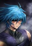  1boy arm_strap black_headband blue_hair bruise bruise_on_face dark_persona headband highres injury johan_andersen male_focus natsukusa_(hacho129) orange_eyes parted_lips portrait shiny shiny_hair sleeveless solo spiked_hair turtleneck yu-gi-oh! yu-gi-oh!_gx 