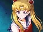  1girl bishoujo_senshi_sailor_moon blonde_hair blue_eyes blue_sailor_collar bow bowtie breasts choker circlet cleavage clenched_teeth collarbone crescent crescent_earrings earrings hair_bun hair_tubes heart heart_choker jewelry long_hair red_bow red_choker red_neckwear sailor_collar sailor_moon sailor_moon_redraw_challenge sailor_senshi_uniform sailor_shirt sawwei005 shiny shiny_hair shirt sleeveless sleeveless_shirt small_breasts solo sweatdrop teeth twintails upper_body very_long_hair white_shirt 