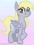  2021 blonde_hair cutie_mark derpy_hooves_(mlp) digital_media_(artwork) equid equine feathered_wings feathers female feral friendship_is_magic fur grey_body grey_feathers grumpy_griffin_creations hair hasbro hi_res horse looking_at_viewer mammal my_little_pony nude pegasus pony simple_background smile solo standing wings 