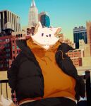  2021 anthro canid canine canis city clothing domestic_dog fur hi_res hoodie kemono male mammal outside overweight overweight_anthro overweight_male solo sweater topwear white_body white_fur zuppu11 
