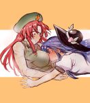  2girls beret blue_hair blush braid breasts china_dress chinese_clothes dokutaa_hakase dress food_themed_hair_ornament hair_ornament hat hat_ornament hinanawi_tenshi hong_meiling long_hair multiple_girls peach_hair_ornament scar sleeveless star_(symbol) star_hat_ornament touhou twin_braids 