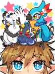  anthro avian beak bird blonde_hair blue_body blue_feathers breath_of_the_wild feathers feral feralized group hair hi_res humanoid hylian kass_(tloz) link male nintendo popemadara revali rito sitting_on_head teba_(tloz) the_legend_of_zelda video_games white_body white_feathers 