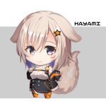  1girl absurdres animal_ears bangs bare_shoulders big_head black_jacket black_skirt blush breasts brown_hair chibi closed_mouth commentary_request commission eyebrows_visible_through_hair fox_ears fox_girl fox_tail full_body grey_background hair_between_eyes hair_ornament hairclip high-waist_skirt highres jacket long_sleeves off_shoulder open_clothes open_jacket orange_legwear original pantyhose pixiv_request purple_eyes ribbed_sweater skirt sleeveless_sweater sleeves_past_wrists small_breasts smile solo standing star_(symbol) star_hair_ornament sweater tail turtleneck turtleneck_sweater two-tone_background white_background white_sweater yuuji_(yukimimi) 