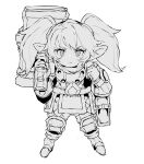  1girl bag boots closed_mouth commentary ddari dwarf fewer_digits full_body gloves greyscale hammer highres holding holding_hammer holding_weapon league_of_legends looking_at_viewer monochrome pointy_ears poppy simple_background solo twintails weapon white_background yordle 
