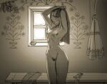  1girl absurdres adjusting_hair arms_up bench breasts closed_eyes cowboy_shot highres long_hair long_sleeves monochrome navel nude original small_breasts smile solo wassnonnam wide_shot window windowsill 