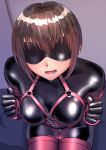  1girl blindfold blush bodysuit brown_eyes brown_hair clenched_hand from_above hair_between_eyes harness highres kilye_4421 legs_together looking_at_viewer looking_up open_mouth original short_hair skin_tight solo 