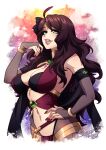  1girl breasts brown_hair circlet cleavage crescentia dorothea_arnault dress fingernails fire_emblem fire_emblem:_three_houses green_eyes highres large_breasts long_fingernails long_hair navel red_dress revealing_clothes solo tagme 