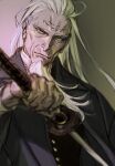  1boy beard black_suit blurry_foreground facial_hair golden_kamuy grey_eyes hijikata_toshizou_(golden_kamuy) holding holding_sword holding_weapon katana light_smile long_hair long_sleeves looking_at_viewer male_focus old old_man solo sword thick_eyebrows w55674570w weapon white_hair wrinkles 