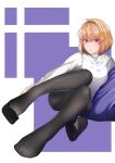  1girl :o absurdres ahoge arcueid_brunestud bangs black_footwear black_legwear blonde_hair bob_cut breasts eyebrows_visible_through_hair feet hair_intakes highres knees_together_feet_apart knees_up leaning_to_the_side looking_at_viewer no_pants outside_border pantyhose pillow red_eyes removing_shoes shoe_removed short_hair sitting solo sweater thighband_pantyhose tktk-tnk tsukihime turtleneck turtleneck_sweater white_sweater 