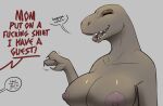  anthro big_breasts breasts clothed clothing dialogue dinosaur english_text eyes_closed female feretta gesture grey_body grey_skin hi_res lipstick makeup mature_female nipples non-mammal_breasts offscreen_character profanity reptile scalie simple_background smile solo text theropod topless tyrannosaurid tyrannosaurus tyrannosaurus_rex waving 