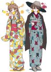  2girls blue_kimono blush bow braid brown_eyes crossed_arms earrings food fruit ginkou_(atmzh) grey_headwear hair_bow hands_up hat high_heels highres japanese_clothes jewelry kimono lemon lipstick long_hair makeup multiple_girls obi orange orange_slice original polka_dot polka_dot_bow print_kimono red_lips sandals sash short_hair simple_background standing white_legwear wide_sleeves 